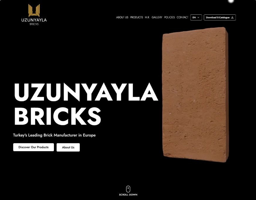 Uzunyayla Bricks product website with a custom 3D brick presentation